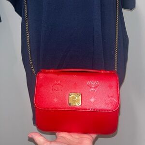 MCM Red Visetos Top Handle Bag